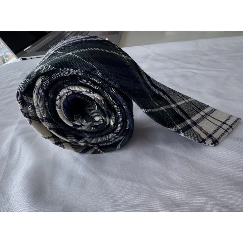 J.Crew Mens Plaid Necktie Navy Blue Green White Wool Silk Blend‎ Woven Tie